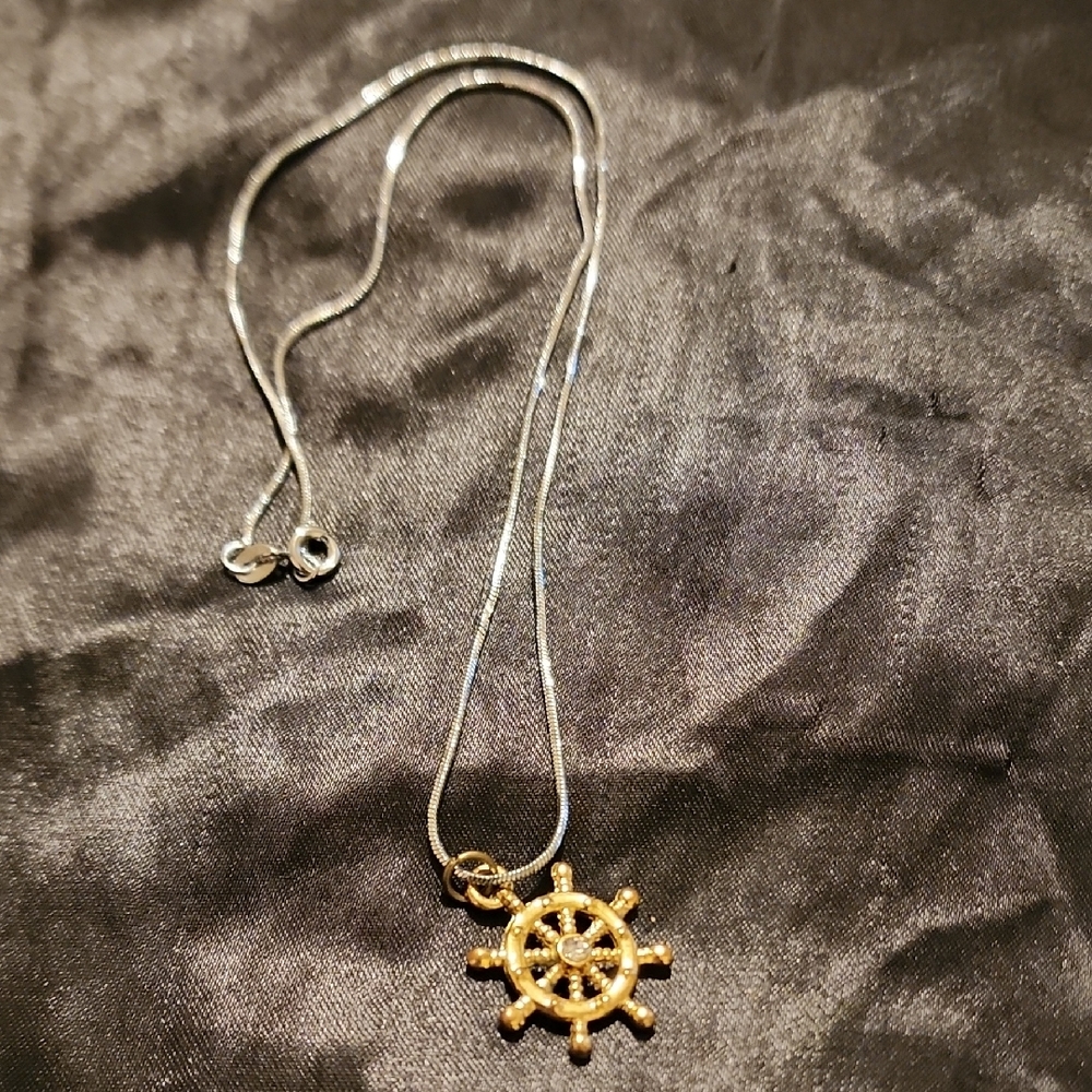 Gold Tone Ship's Wheel Necklace With Silver Tone Chain